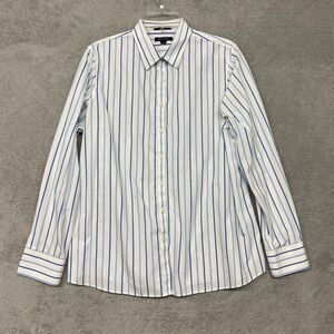 Lands End Top Womens 16 Blue White Stripe Button Up Long Sleeve No Iron Supima